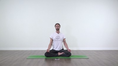 Yoga teacher performing yoga posture on green yoga mat on white background